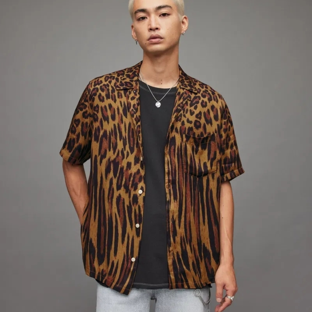 AllSaints Brown Leopard Print Casual Button Down Shirt